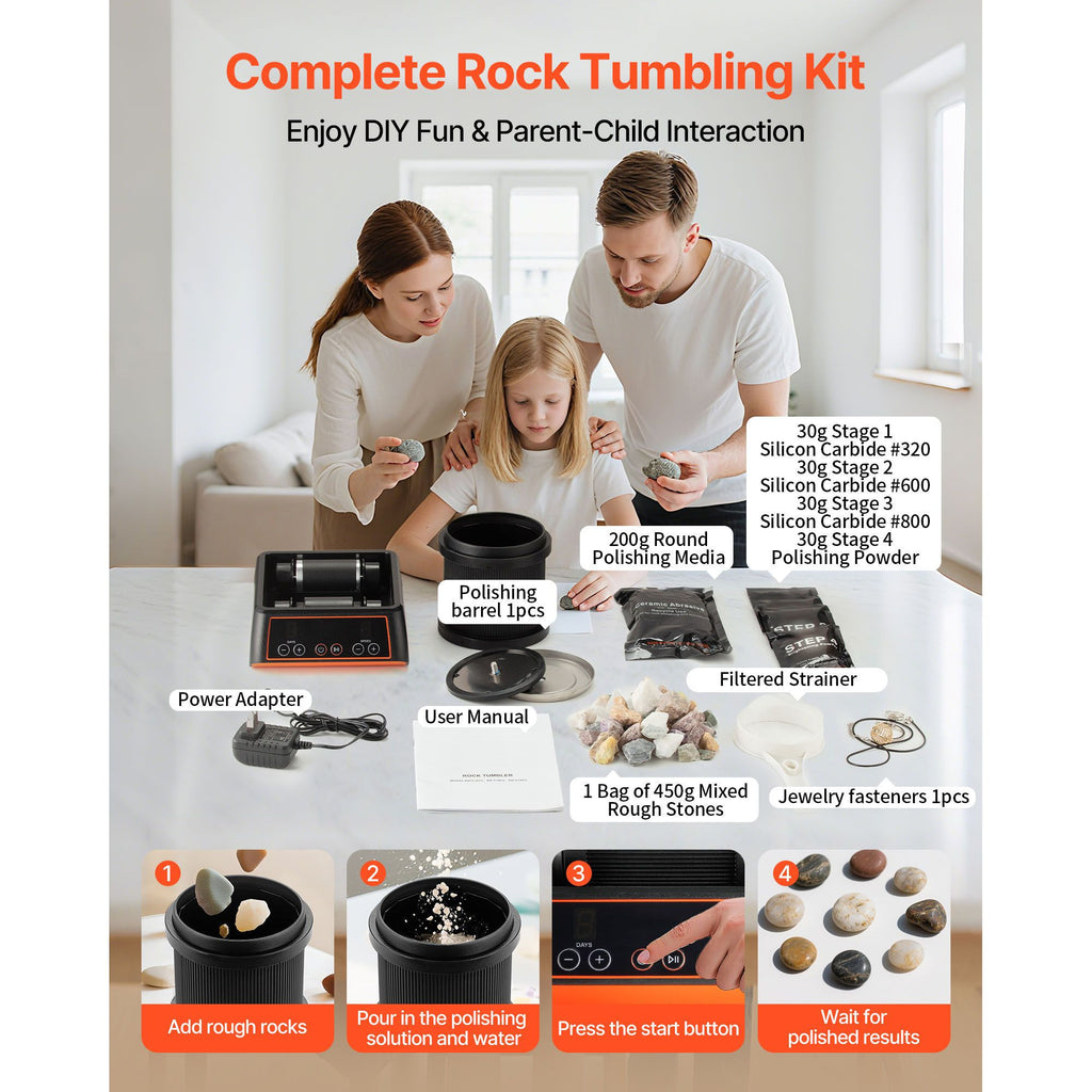 Rock Tumbler Kit, 2 lbs Rock Polishing Kit, 4 Speed Settings 9-Day Polishing Timer Stone Polishing Kit, Rock Polisher with Rough Gemstones and Polishing Grits, Rock Polisher for Adults Kids