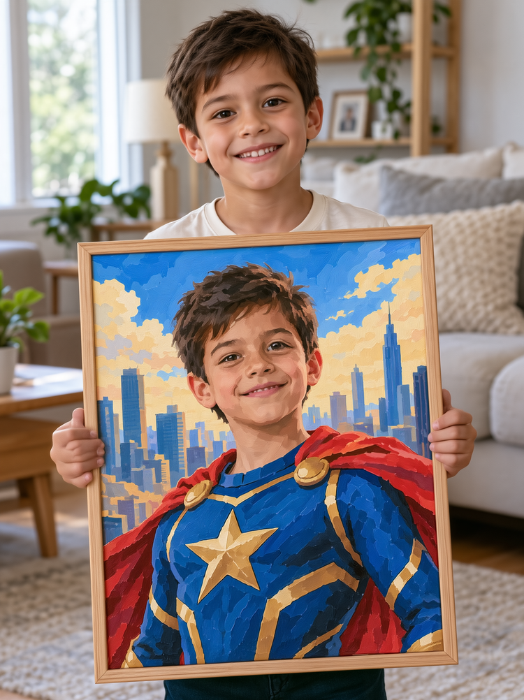 Child holding a framed personalised superhero portrait
