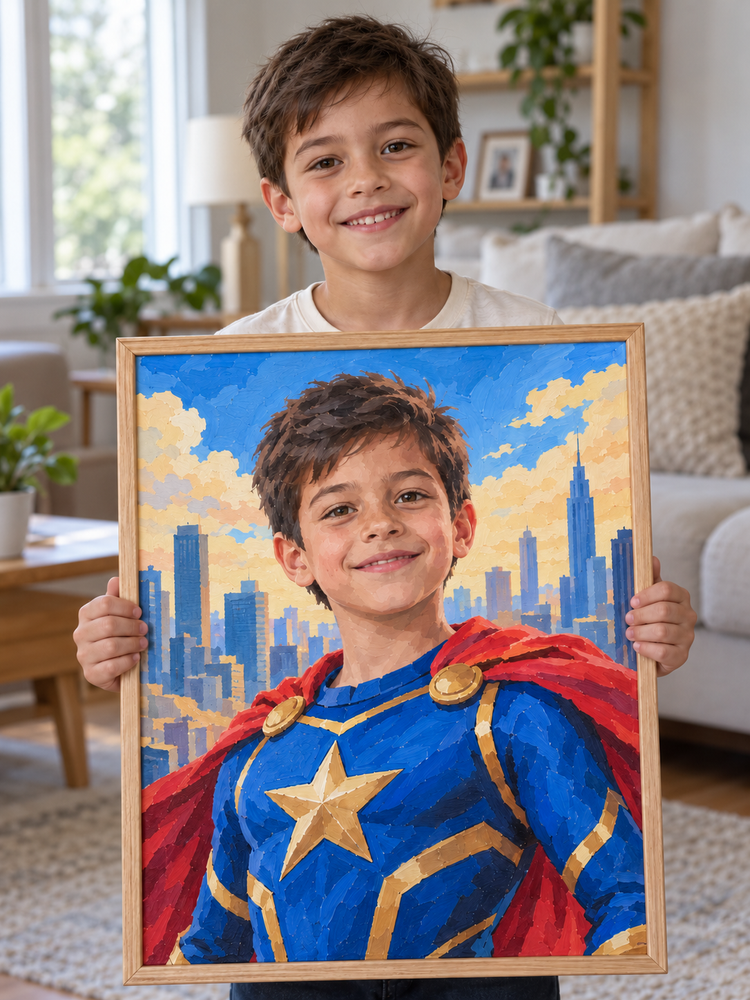 Child holding a framed personalised superhero portrait